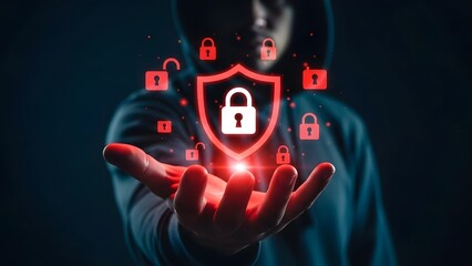 A glowing shield with a lock icon above hands symbolizes digital security