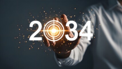 A human hand holding a glowing 2034 symbol with futuristic elements.