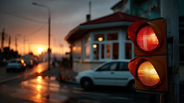 A vibrant sunset casts a warm glow on a traffic light, harmonizing city life with natural beauty, conveying urgency to proceed amidst the picturesque backdrop.