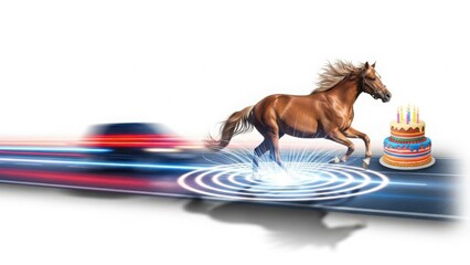 Dynamic brown horse running on a futuristic digital data stream next to a birthday cake illustration. isolated PNG with Transparent Background