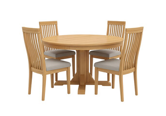 Round wooden dining table with four chairs isolated on transparent background
