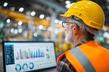 Experienced engineer wearing safety gear analyzing colorful bar and pie charts on computer screen in an industrial manufacturing facility environment