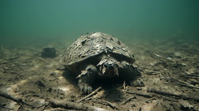 Muddy turtle swims underwater with leaves on its shell and face
