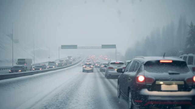 Heavy traffic moving slowly on a snowy highway during winter storm with low visibility and dangerous driving conditions