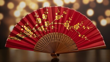 Traditional Chinese Red Silk Fan with Gold Floral Details