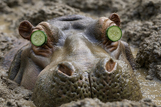 Wellness beauty concept of a hippo relaxing in a mud bath with cucumber slices covering its eyes in a natural spa setting.