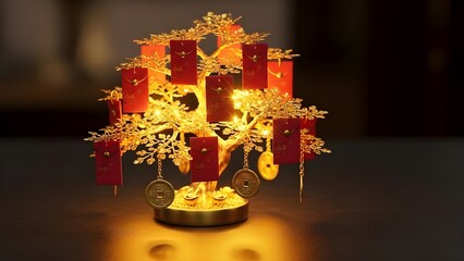 Golden Fortune Tree with Red Envelopes for Lunar New Year
