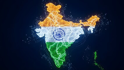 3D Glowing Digital India Map in Tricolor Concept