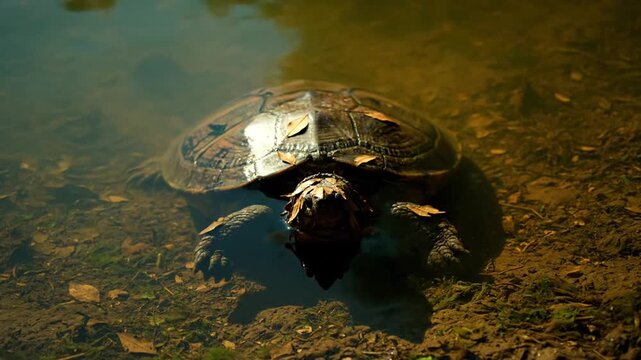 Turtle slowly moving through murky water with leaves on its shell