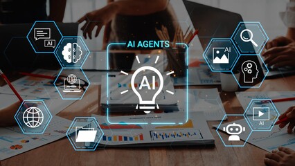 Futuristic Business Meeting with AI Agents Concept and Data Visualization in Modern Office Environment Gluon.
