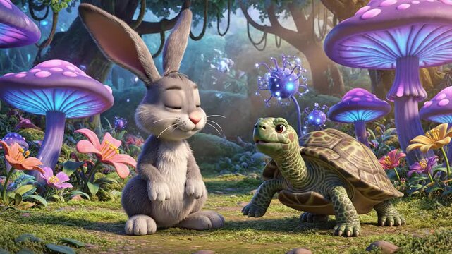 Whimsical Forest Friends: Rabbit and Turtle in a Magical Mushroom Glade