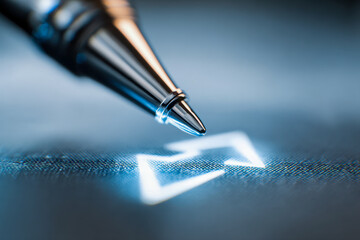 Metal pen tip poised over glowing digital checkbox symbol on textured surface representing concept of decision making and modern technology interaction