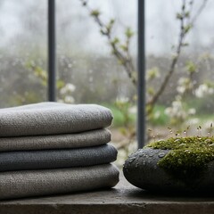 Cozy Still Life: Stack of Grey Towels and Mossy Stone with Raindrops