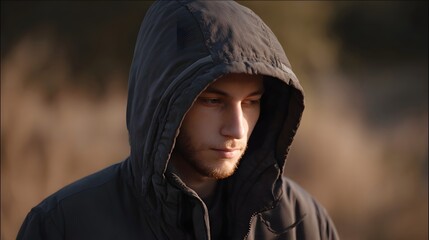 A young man wearing a dark hooded jacket looking down thoughtfully in the soft warm glow of outdoor sunlight evoking a pensive mood