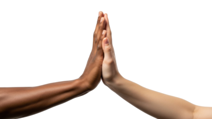 Two hands of different skin tones touching each other, symbolizing unity and cooperation.