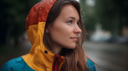 A thoughtful woman in a colorful hooded jacket stands in the rain with water droplets on her face and clothing