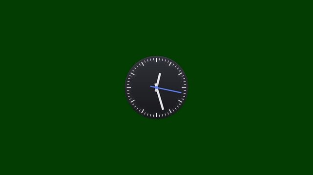 Analogue Wall Clock Time Lapse Animation on Green Screen, Minimalist Black Watch Face with Blue Hands