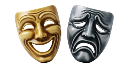 Close-up shot of two theatrical masks, one smiling and the other frowning, representing comedy and tragedy.