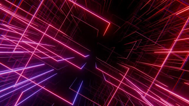 Seamless loop background with abstract neon digital space made of pink red and violet glowing lines forming futuristic cyber tunnel. Smooth flying through bright geometric digital structures. 4K 60fps