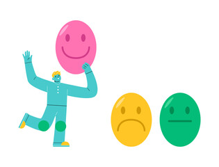 Good feedback rating. Man picking happy smile symbol. Colorful vector illustration