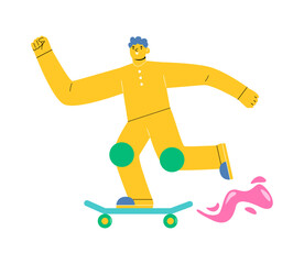 Happy man playing skateboard. Colorful vector illustration