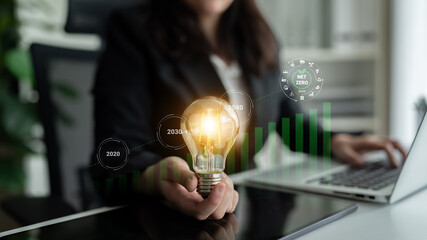 A businesswoman showcases a light bulb symbolizing innovation and sustainability among graphs, highlighting goals for net zero by 2020, 2030, and 2040 in a modern office setting. Gantry © InfiniteFlow