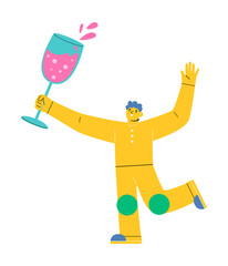 Man celebrating party and holding glass of champagne. Colorful vector illustration
