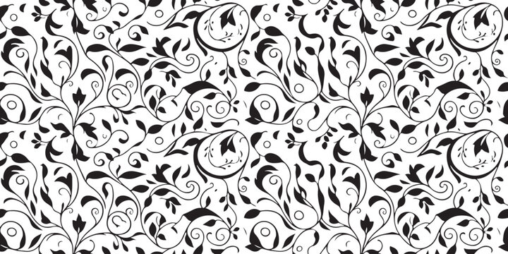 floral seamless black and white vector pattern for surface design