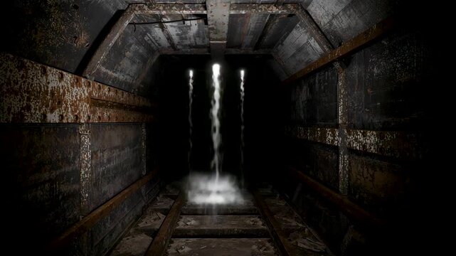 Dark Concrete Tunnel With Water Streaming From the Ceiling Into a Bright Puddle on the Floor