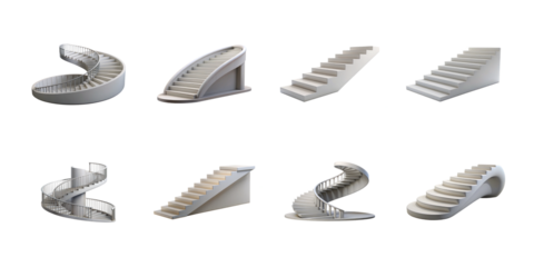Collection of various white 3d rendered staircases including spiral straight and curved designs on transparent background