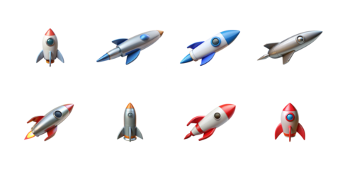 Collection of various three dimensional cartoon rocket icons showcasing different designs and launch orientations on transparent background