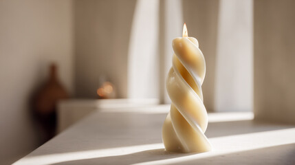 Elegant twisted beige candle softly glowing in warm natural light with blurred cozy interior background creating a peaceful and inviting atmosphere