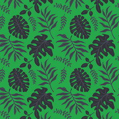tropical repeating monstera palm fern silhouettes navy on green