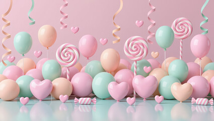 Playful 3D pastel scene with floating balloons, candy shapes, paper hearts, and streamers on a mint-to-peach gradient. Light, cheerful Valentine&rsquo;s background with clean copy space.