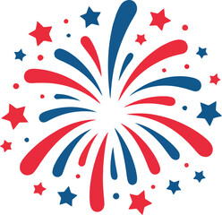 Obraz premium A lively explosion of red and blue fireworks surrounded by small stars and confetti on a white background