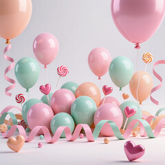 Playful 3D pastel scene with floating balloons, candy shapes, paper hearts, and streamers on a mint-to-peach gradient. Light, cheerful Valentine&rsquo;s background with clean copy space.