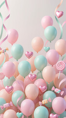 Playful 3D pastel scene with floating balloons, candy shapes, paper hearts, and streamers on a mint-to-peach gradient. Light, cheerful Valentine&rsquo;s background with clean copy space.