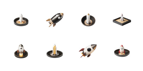 Collection of various stylized miniature rocket icons showcasing launch ignition ascent and ready positions on transparent background