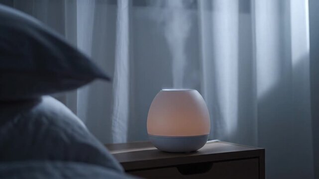 Ambient light diffuser on nightstand emitting steam near bed with soft bedding and curtains background