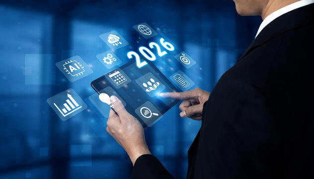 Digital icons, analytics symbols, and glowing number 2026 representing business goals, innovation, and market growth Parse - Powered by Adobe