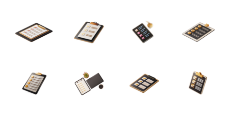 Collection of isometric 3d rendered clipboard icons displaying various checklist completion statuses on transparent background