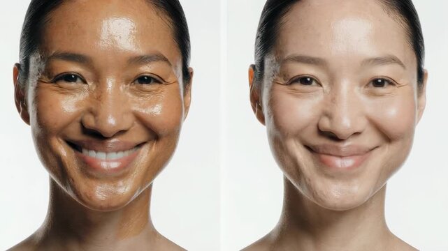 Dramatic before and after shows Asian woman's flawless dewy skin transformation from skincare routine, perfection complexion perfection motivating beauty routines and K-beauty trends for hydrated glow