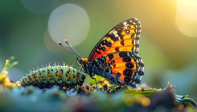 Vibrant butterfly and caterpillar in natural light