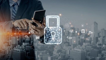 Cybersecurity protection system showing password encryption, fingerprint ID, cloud security, email, credit card, and database lock for secure data access Marrow