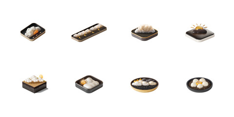 Collection of isometric 3d weather and nature icons featuring clouds sun moon stars and eggs on transparent background