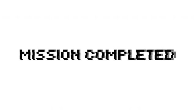 Text glitch mission completed pixelated retro game success suitable for conveying accomplishment, video game endings, or digital achievement in various projects.