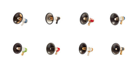 Collection of eight colorful 3d rendered megaphone icons isolated against a dark void on transparent background