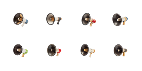 Collection of eight colorful 3d rendered megaphone icons isolated against a dark void on transparent background