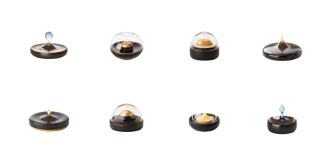 A collection of eight unique modern decorative candle holders displaying various artistic flame and wax formations on transparent background