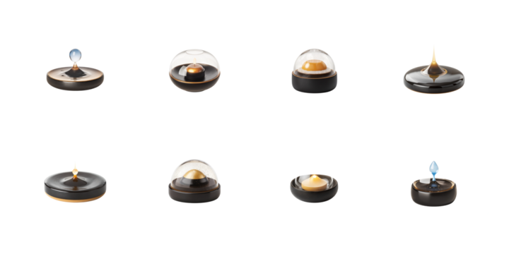 A collection of eight unique modern decorative candle holders displaying various artistic flame and wax formations on transparent background - Powered by Adobe